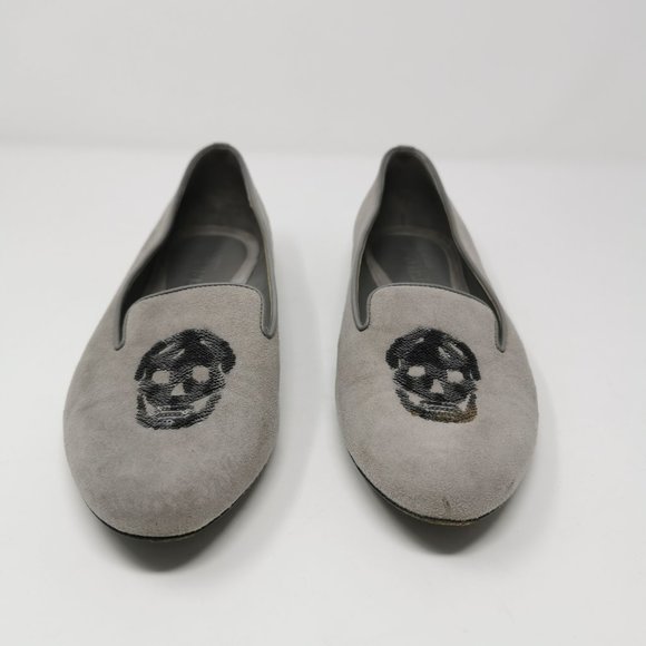 Alexander McQueen Grey Suede Flats Loafers With Sequin Skulls - Picture 3 of 10